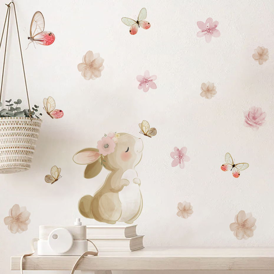 Baby Nursery Decor Girl - Stiker dinding kupu-kupu bunga kelinci kartun